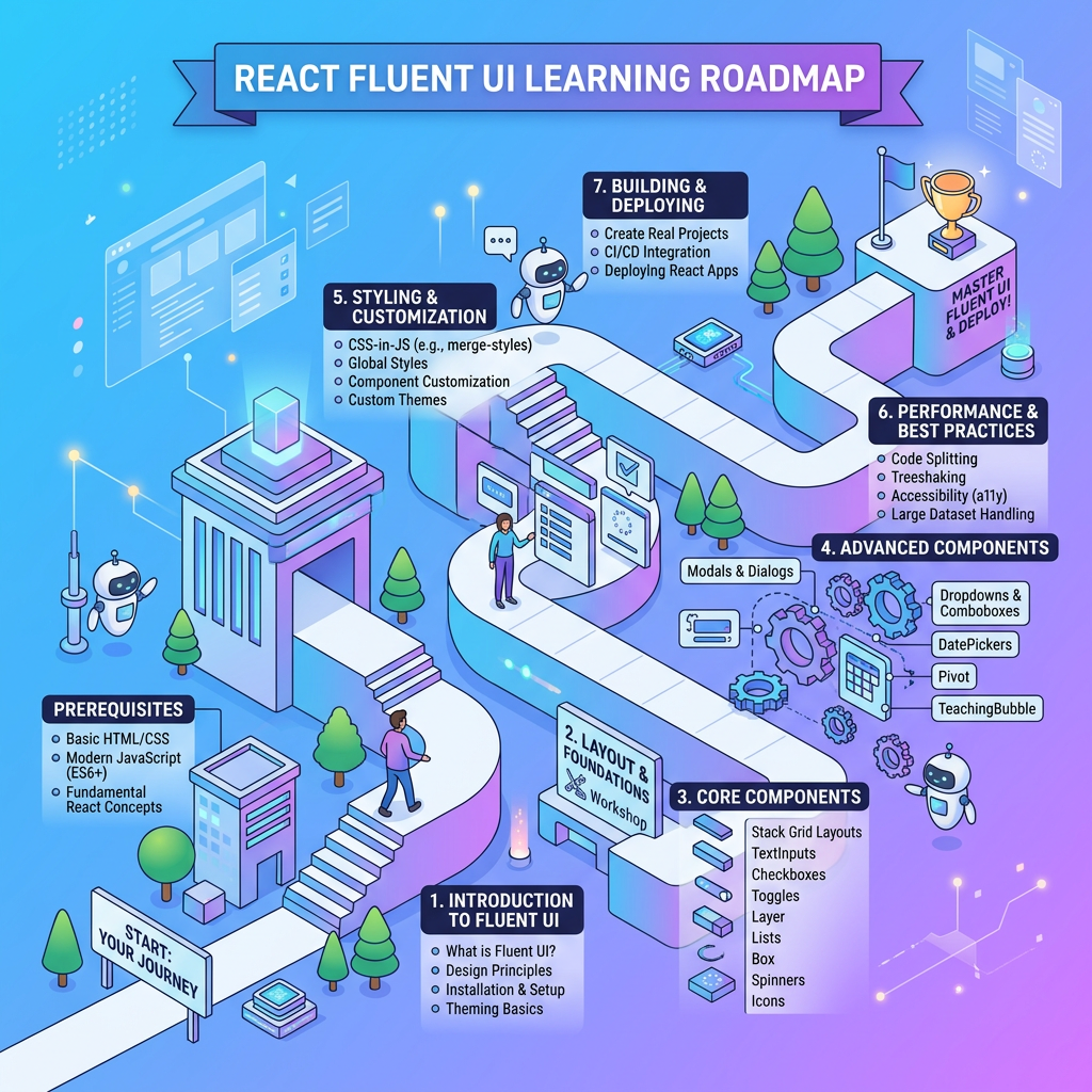 React Fluent UI learning roadmap with seven stages from introduction to building and deploying apps