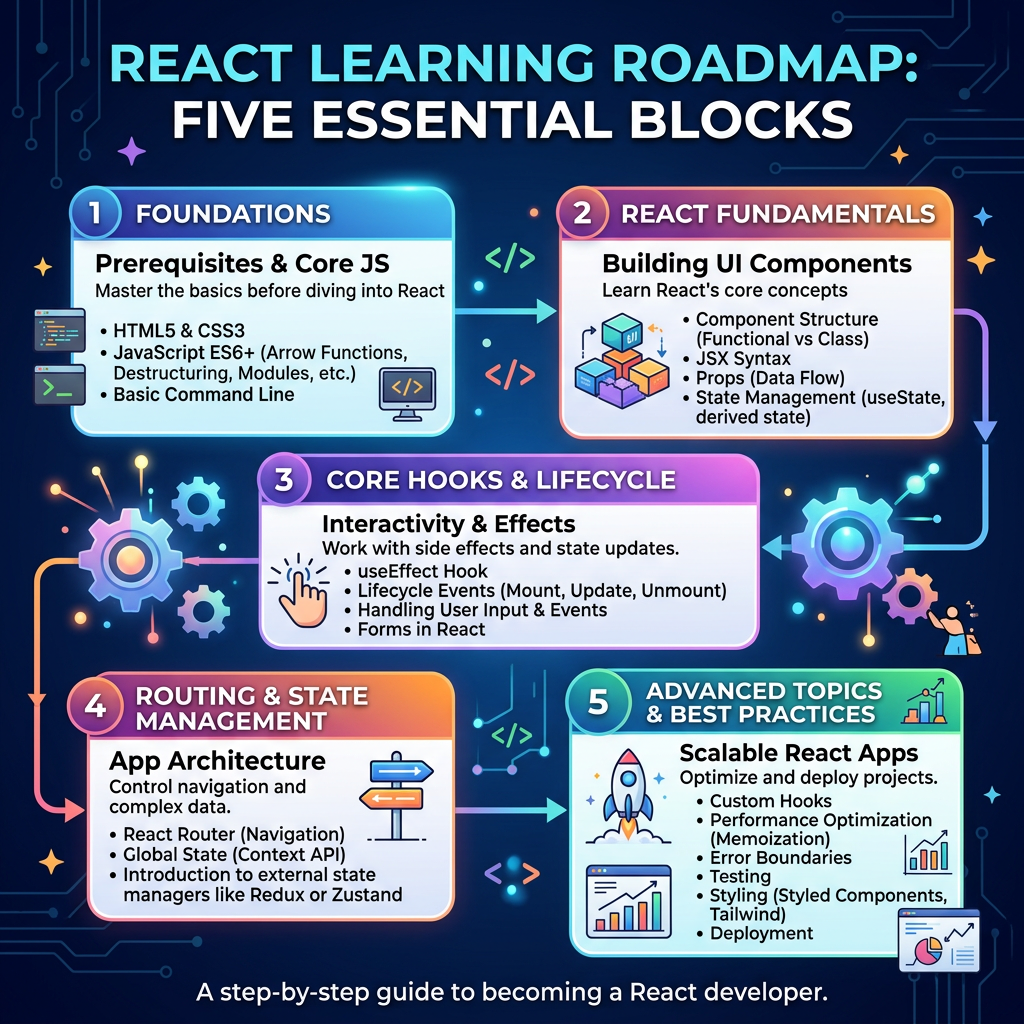 React learning roadmap illustrating five essential blocks: Foundations, React Fundamentals, Core Hooks & Lifecycle, Routing & State Management, Advanced Topics & Best Practices.