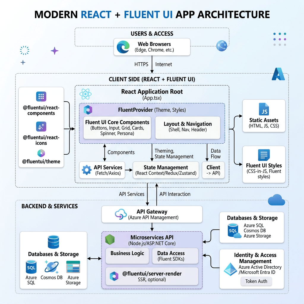 Diagram of modern React and Fluent UI app architecture showing client side, backend services, and integrations