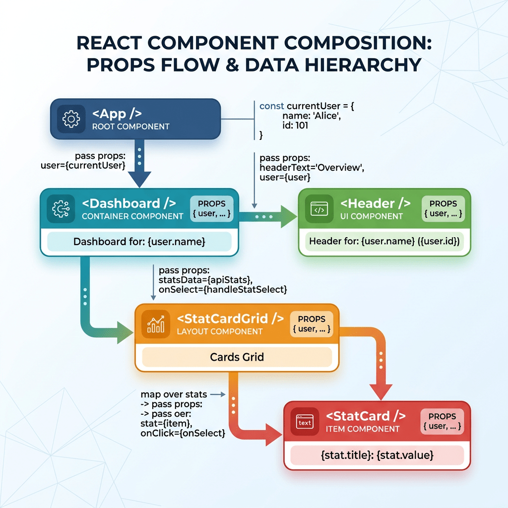 React component hierarchy showing data flow and props passing from App to Dashboard, Header, StatCardGrid, and StatCard