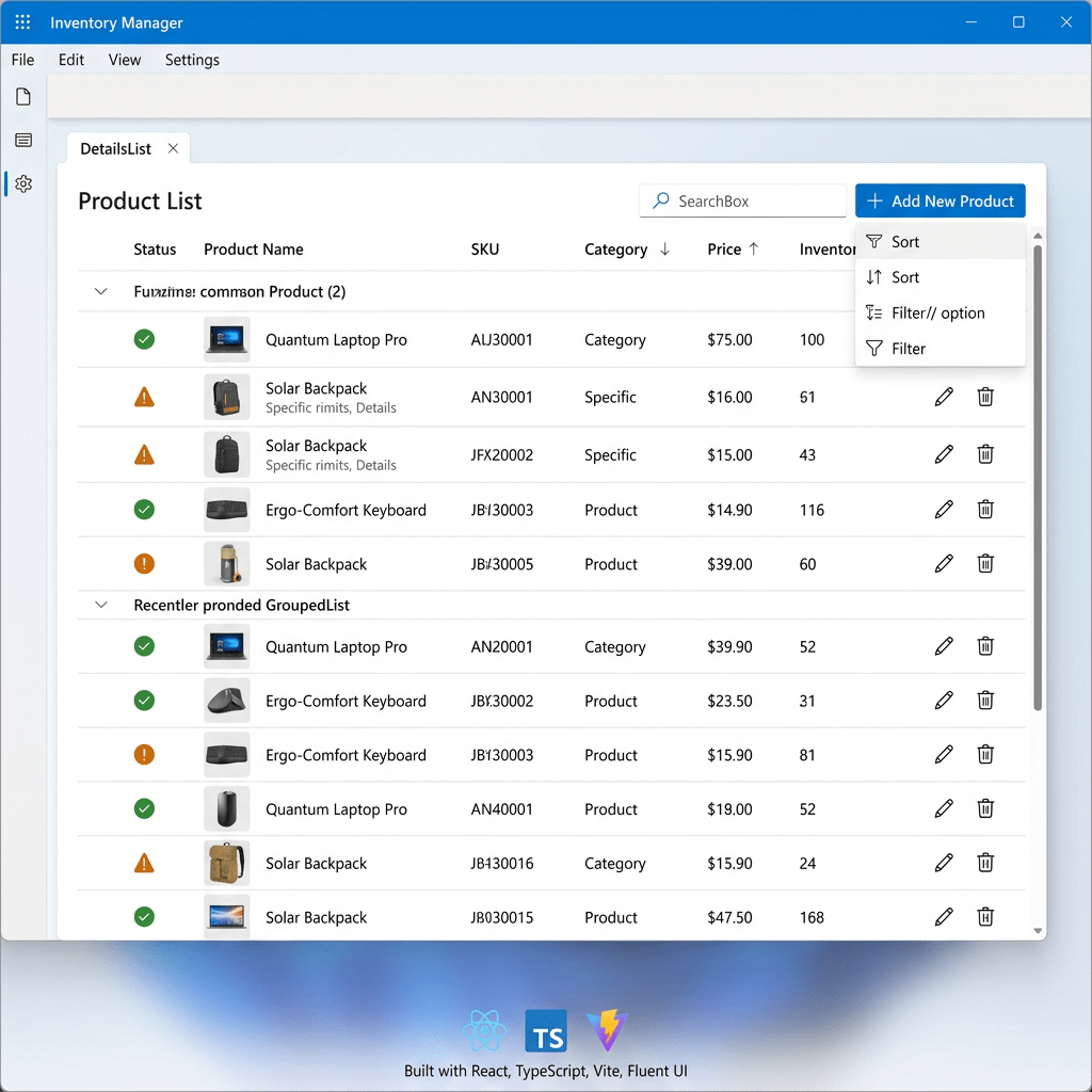 Inventory manager interface showing product list with status icons, names, SKUs, categories, prices, inventory counts, and action buttons