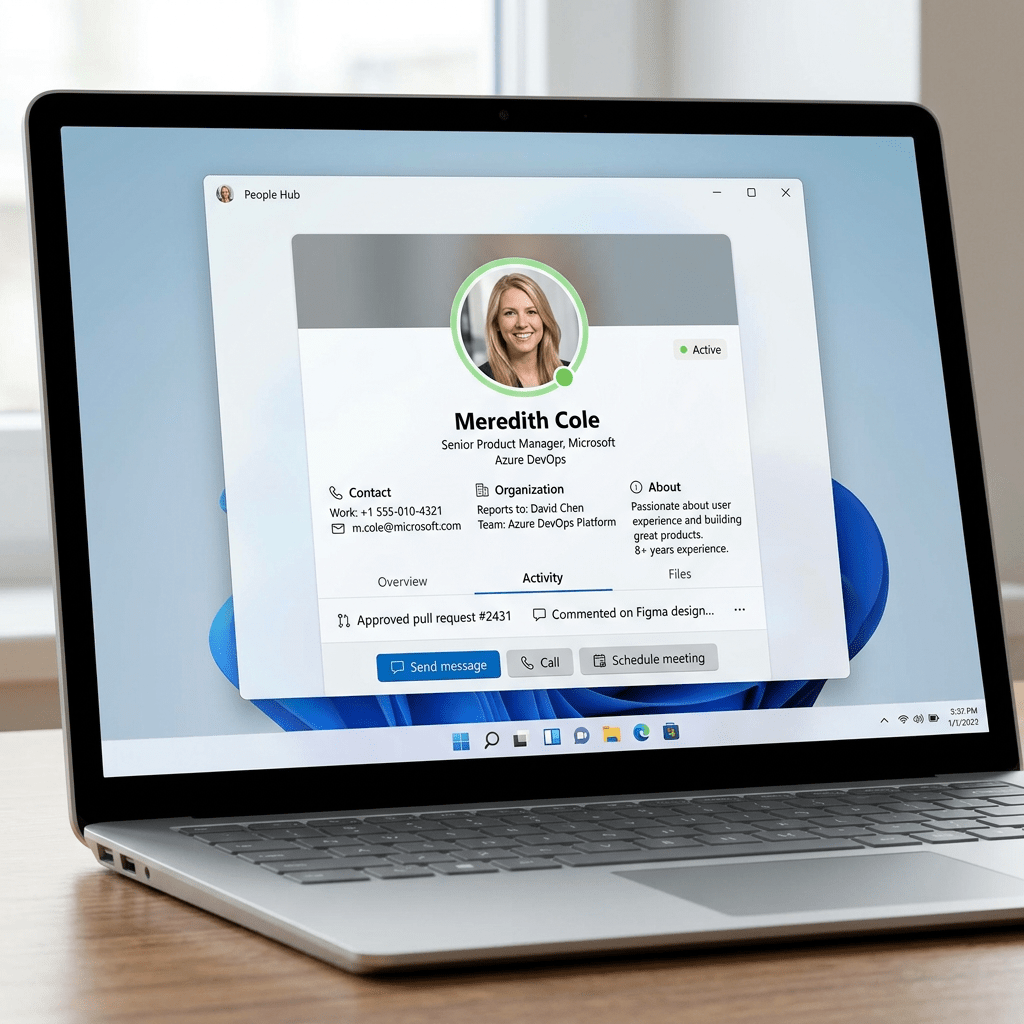 Profile of Meredith Cole, Senior Product Manager at Microsoft Azure DevOps, showing contact, organization, and activity info.