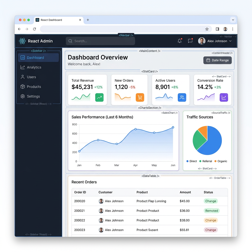 Dashboard overview of total revenue, new orders, active users, conversion rate, sales performance chart, traffic sources pie chart, and recent orders table