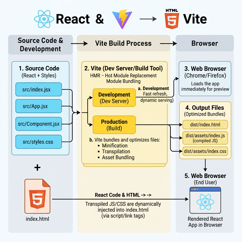 Flowchart showing React source code processed by Vite build into optimized files loaded by browser