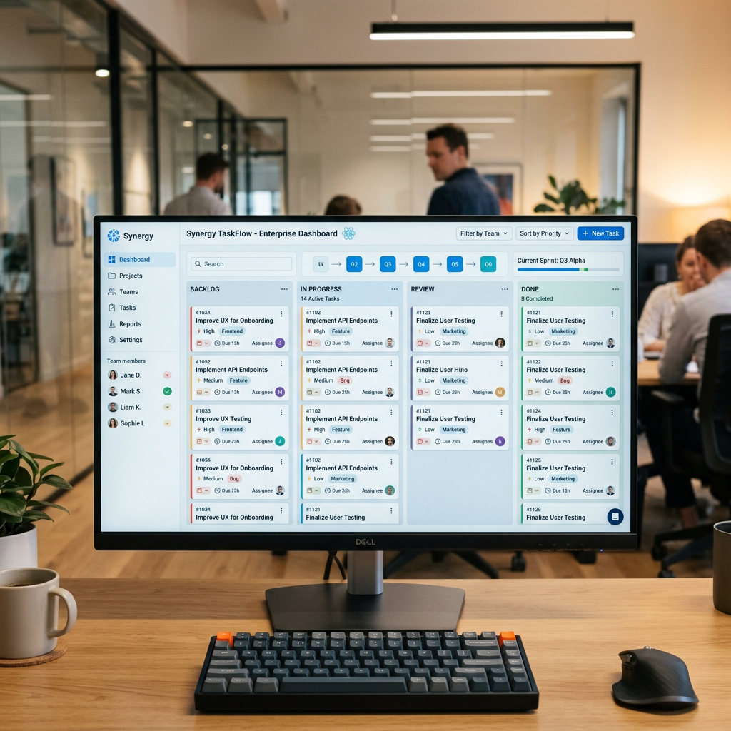 Task management dashboard on computer screen showing backlog, in progress, review, and done columns with tasks and assignees