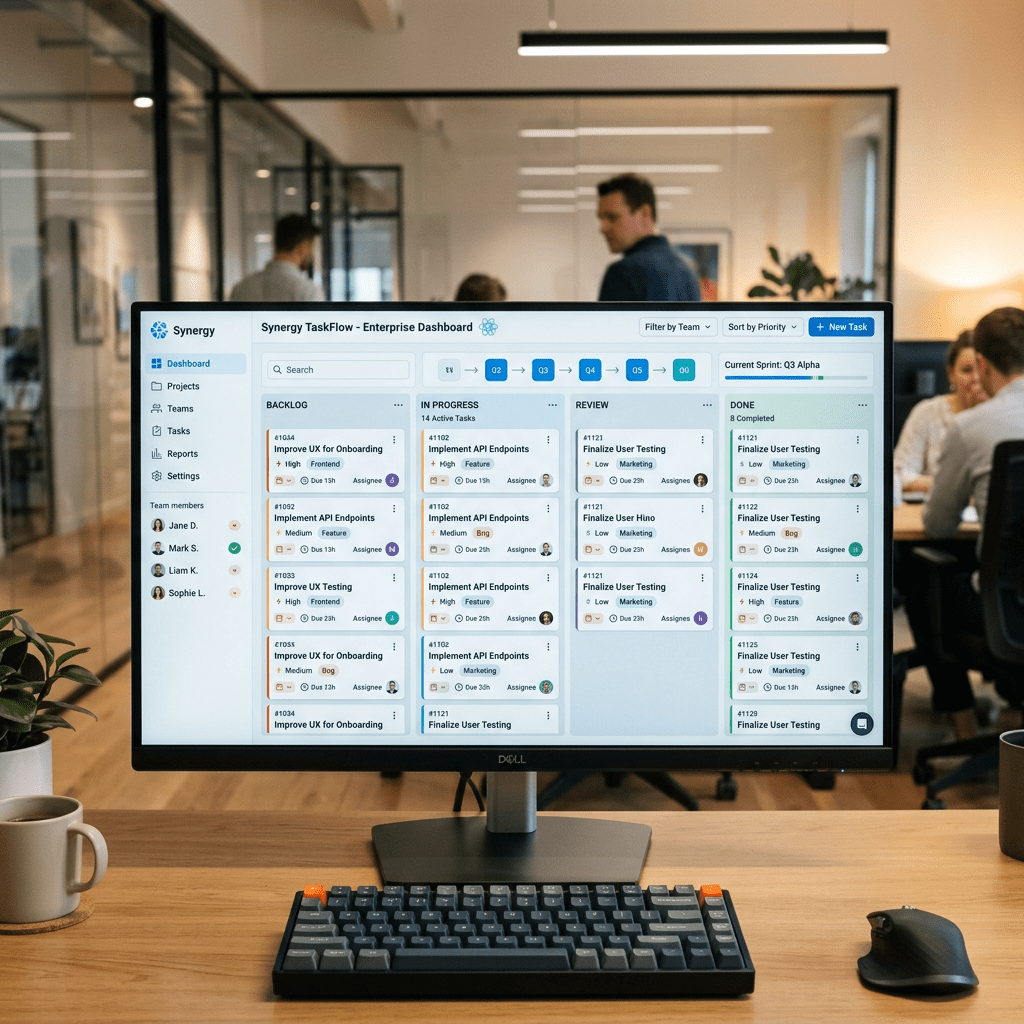 Task management dashboard on computer screen showing backlog, in progress, review, and done columns with tasks and assignees