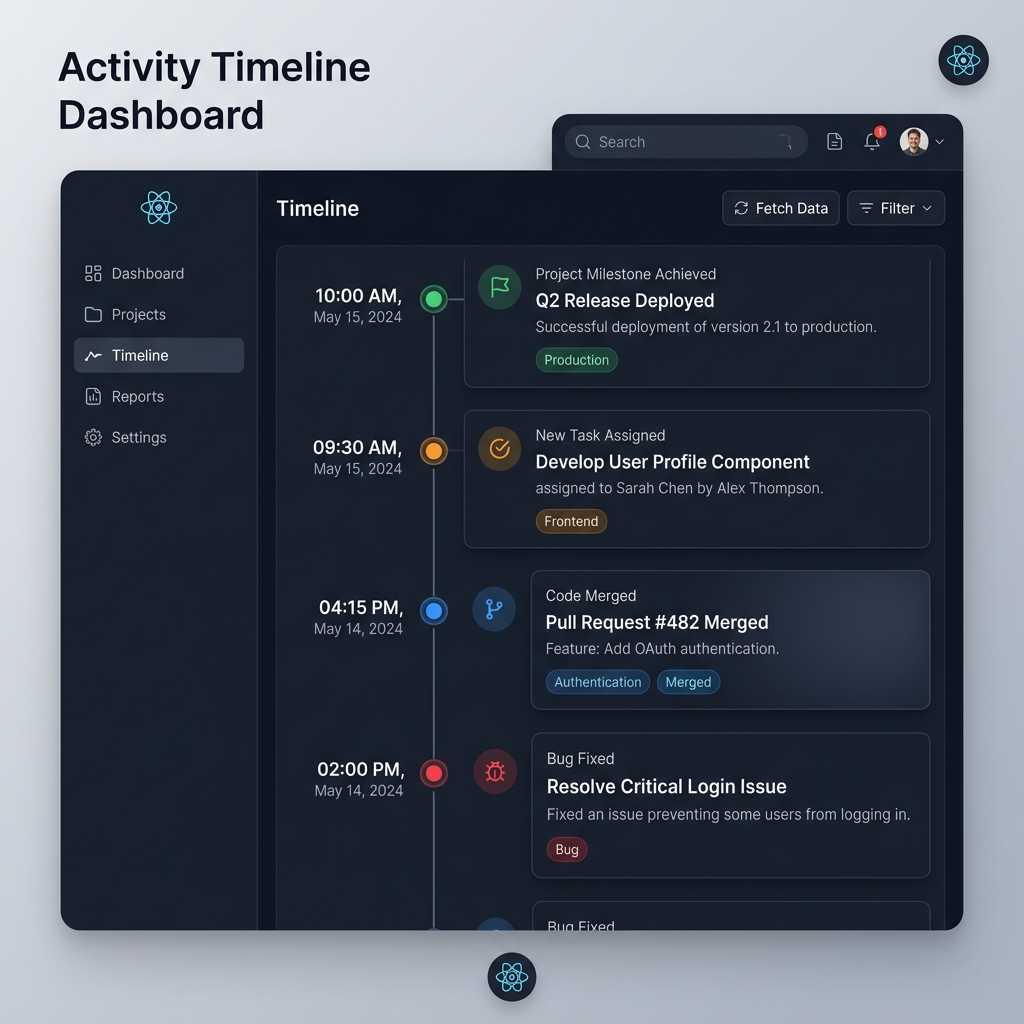 Dashboard timeline listing project milestones, tasks, code merges, and bug fixes with times and dates.