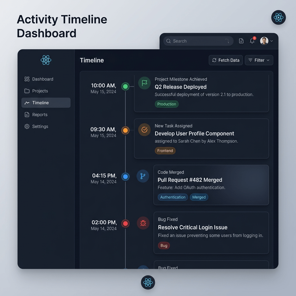 Dashboard timeline listing project milestones, tasks, code merges, and bug fixes with times and dates.