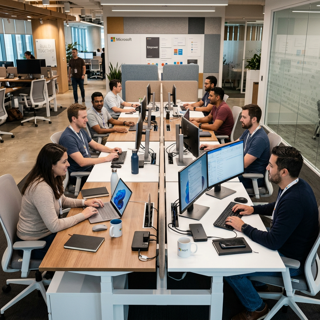 Eight employees working at desks with computers in a Microsoft office