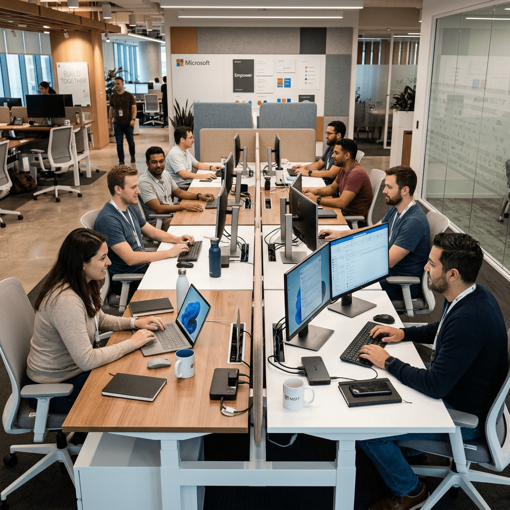 Eight employees working at desks with computers in a Microsoft office