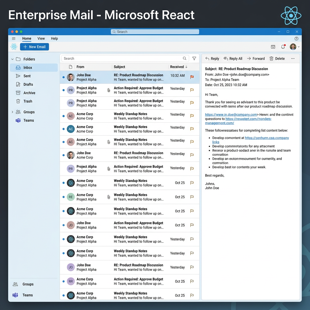 Enterprise email inbox with messages from John Doe and Acme Corp, displaying subjects and detailed email content on right