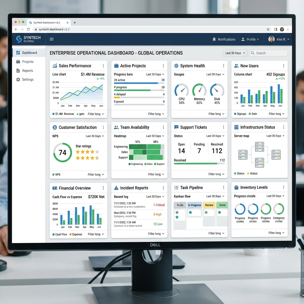 Dashboard showing sales, projects, system health, customer satisfaction, and support tickets metrics