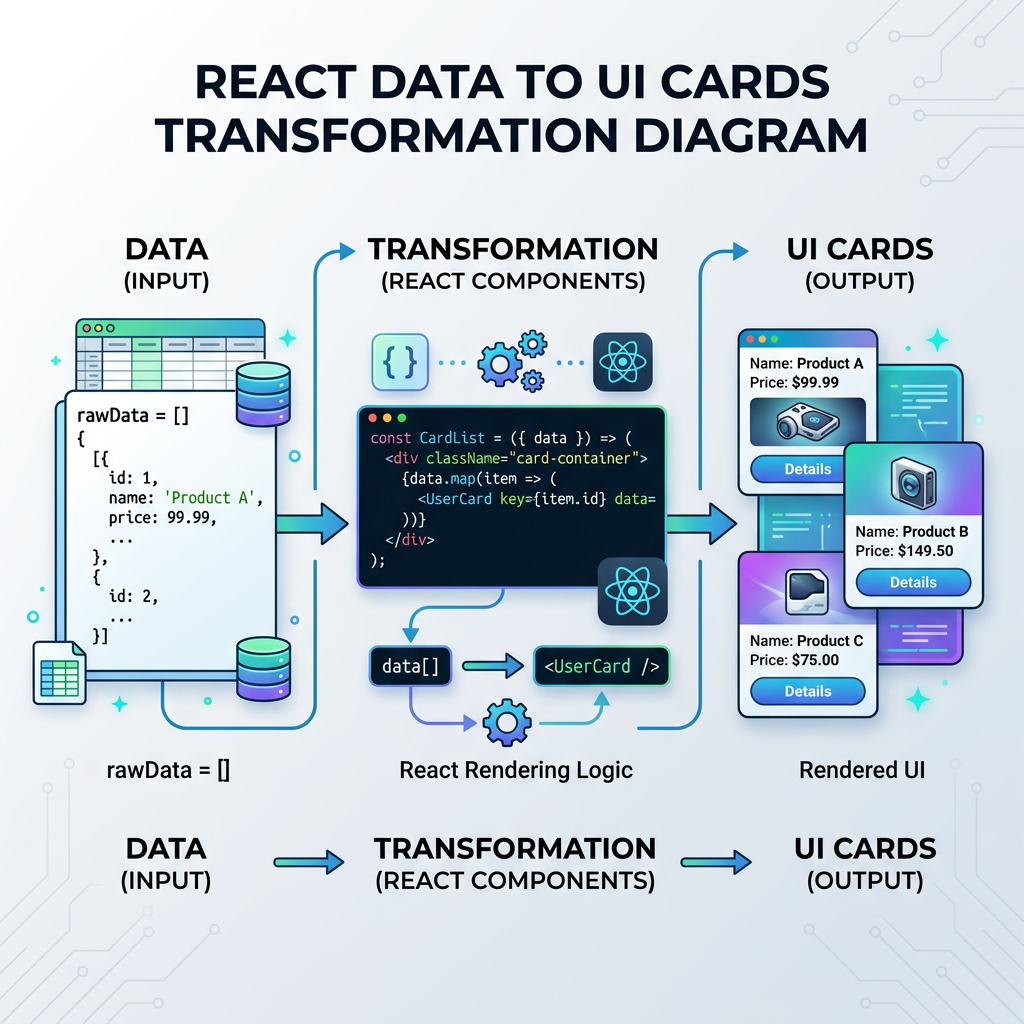 Diagram illustrating React transformation of raw data arrays into UI cards with product details.