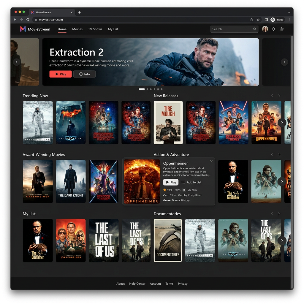 Streaming platform homepage with movie categories and highlighted titles