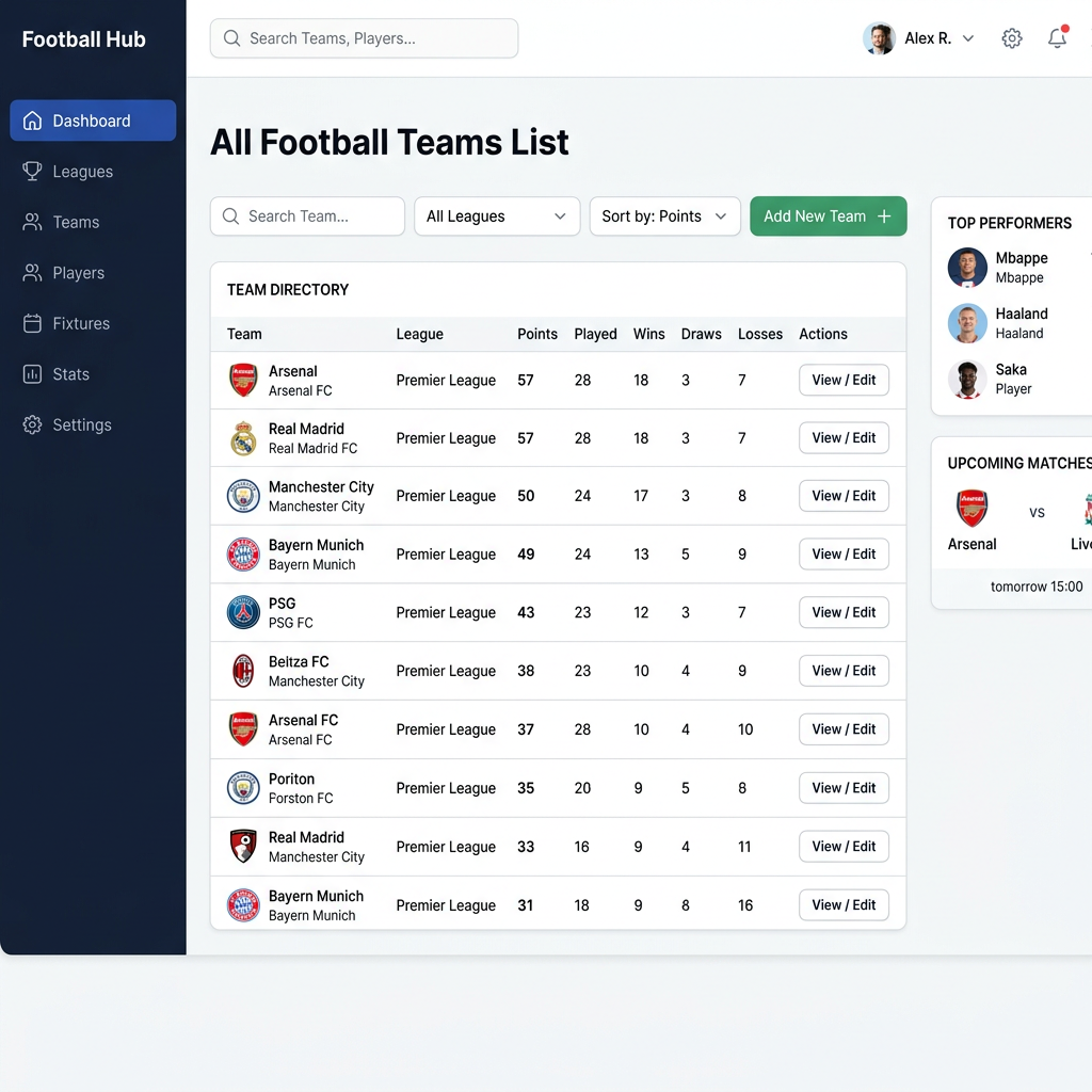 List of football teams in Premier League with points, games played, wins, draws, losses, and edit options