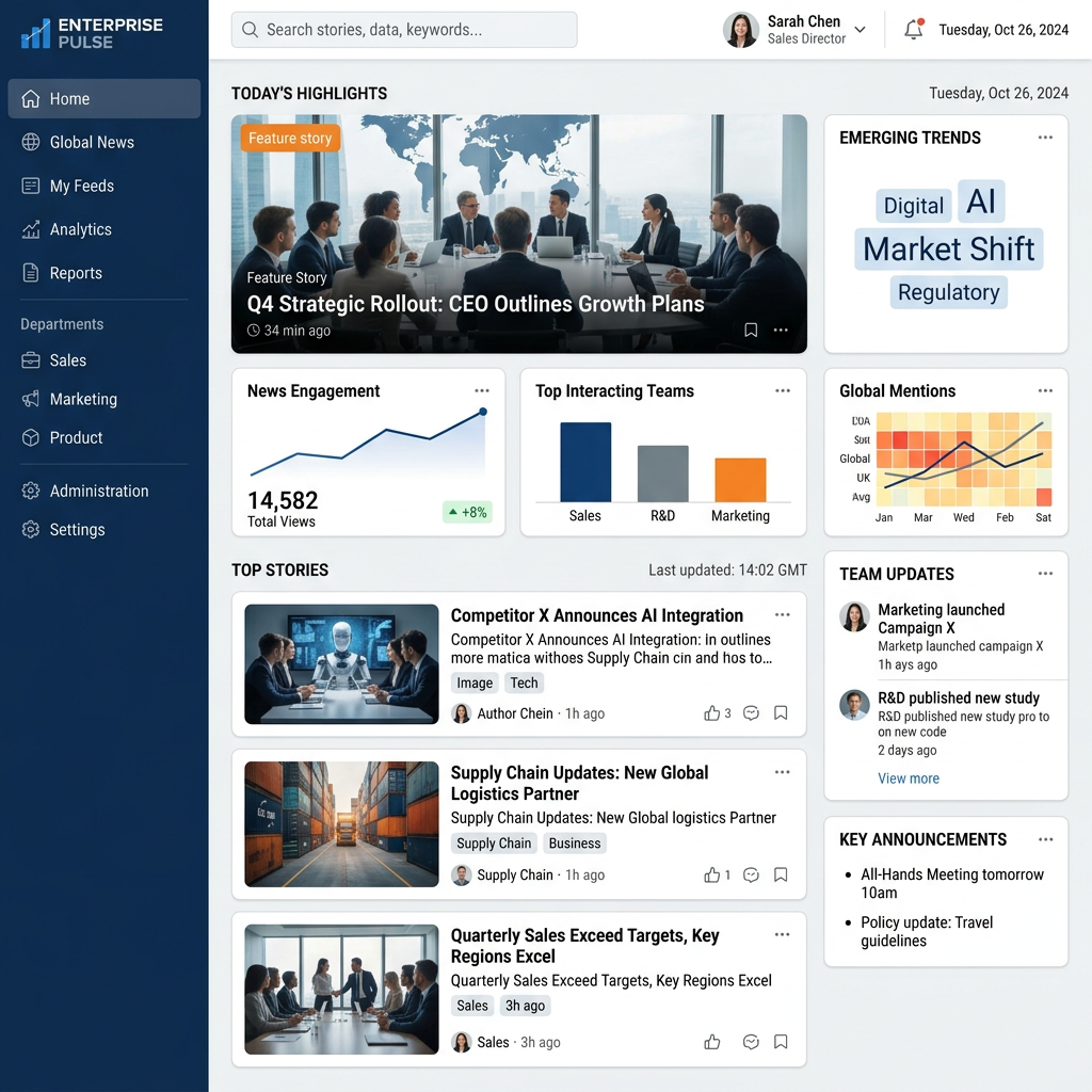 Enterprise Pulse dashboard showing strategic rollout, news engagement, team interactions, emerging trends, and key announcements