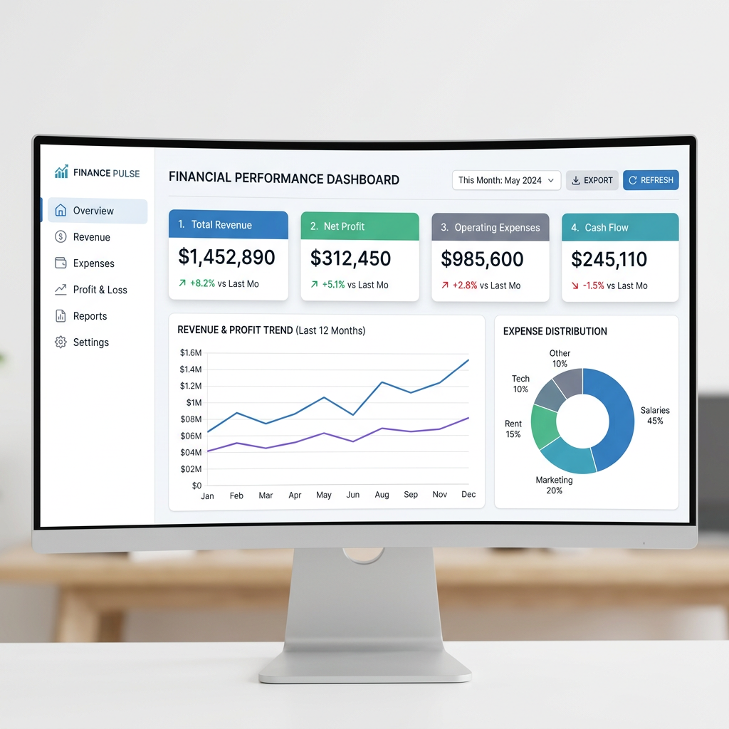Financial dashboard showing total revenue, net profit, operating expenses, cash flow, revenue and profit trend chart, and expense distribution pie chart for May 2024