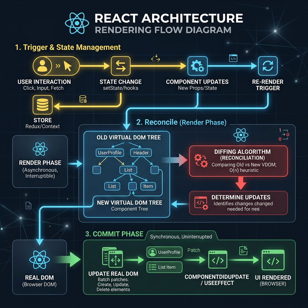 React architecture rendering flow diagram showing trigger, reconcile, and commit phases with virtual DOM and real DOM updates.
