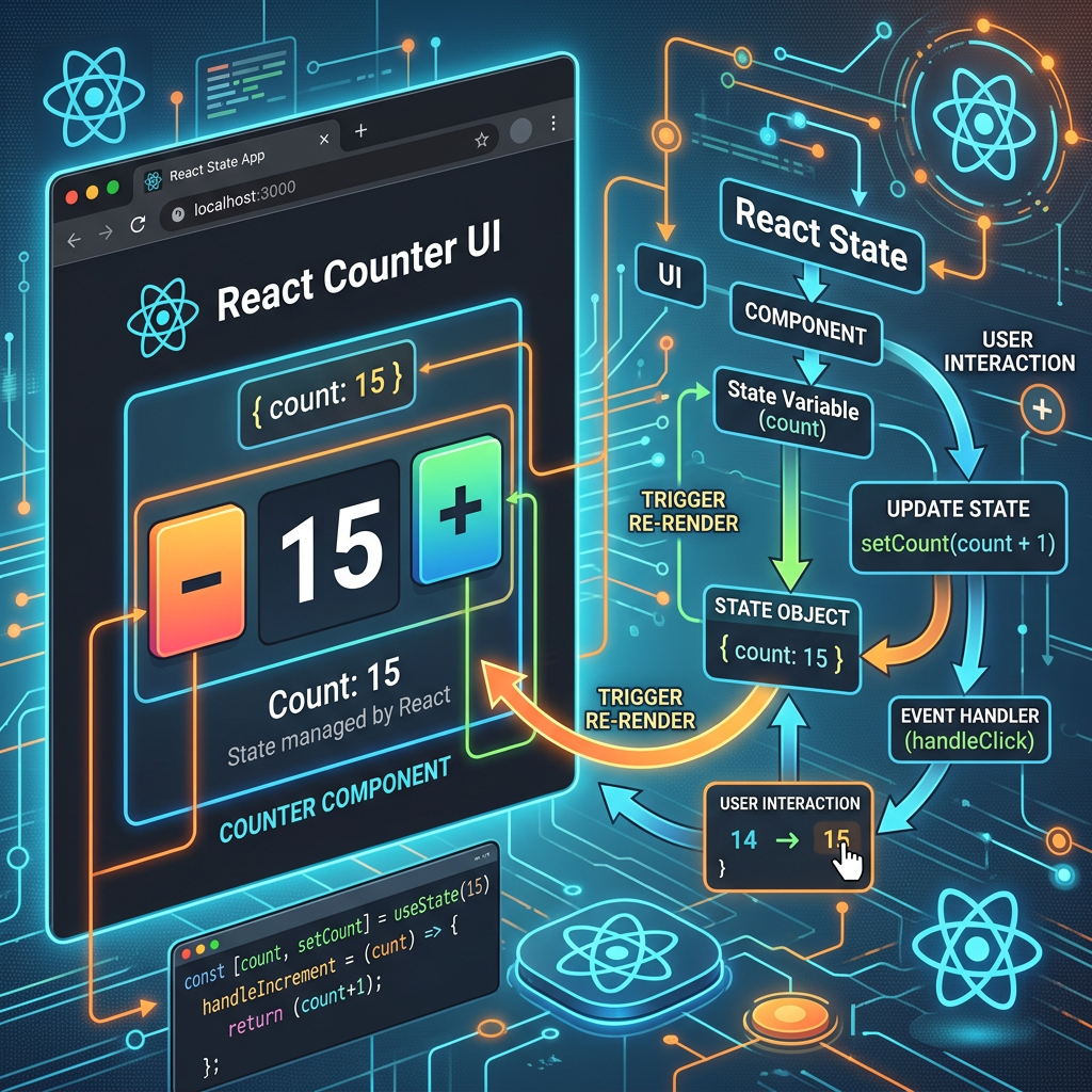 Diagram showing React counter app with state variable, update function, and user interaction flow.