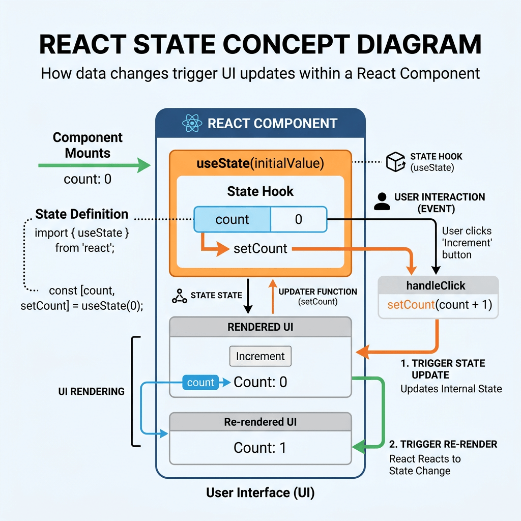 Diagram showing React state management with useState hook triggering UI re-rendering on state update