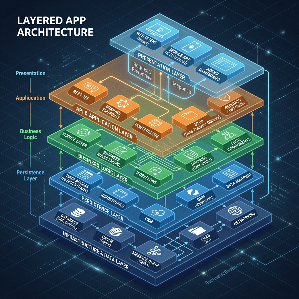Diagram of layered app architecture with presentation, application, business logic, persistence, and infrastructure layers