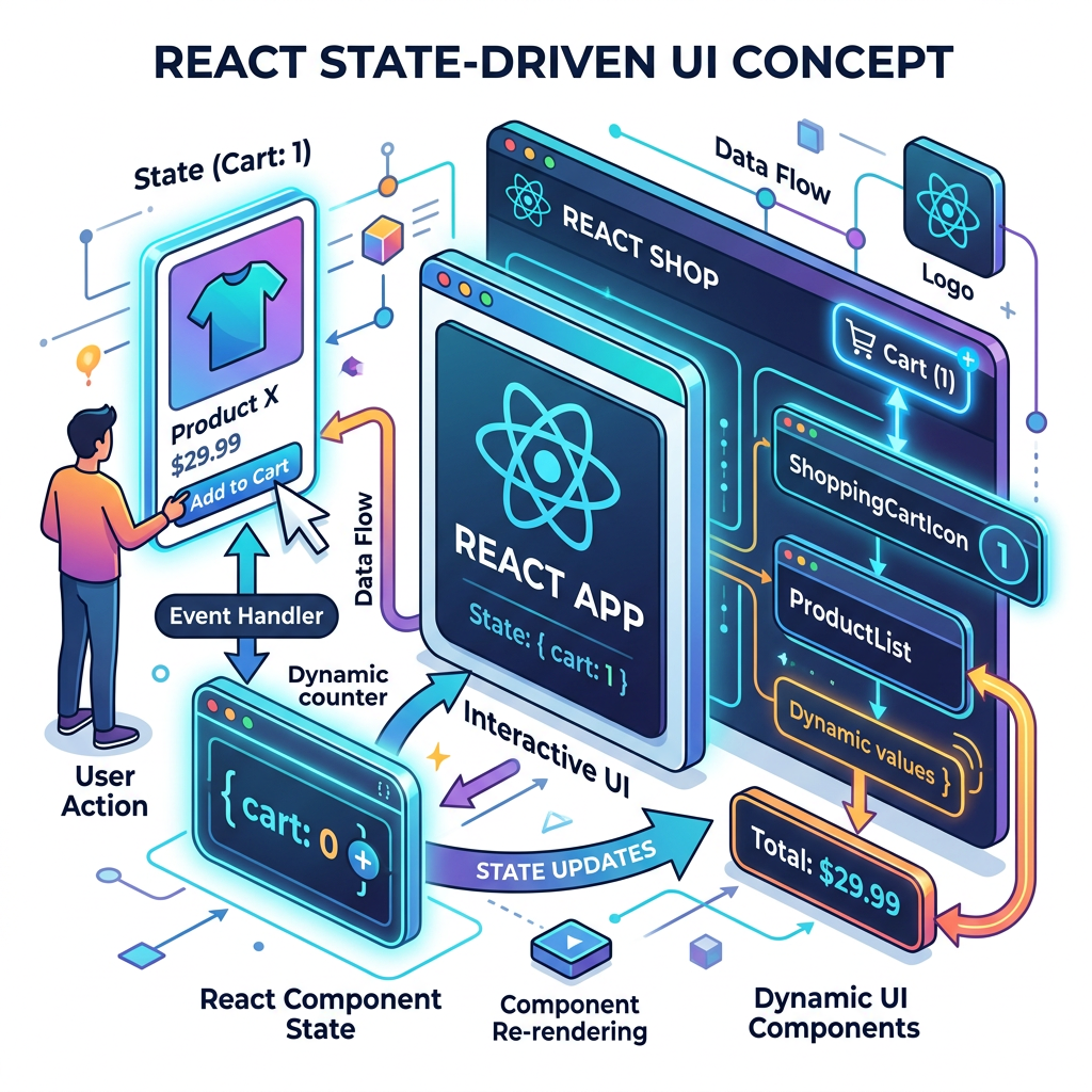 Diagram of React app demonstrating state updates and dynamic UI with shopping cart interaction