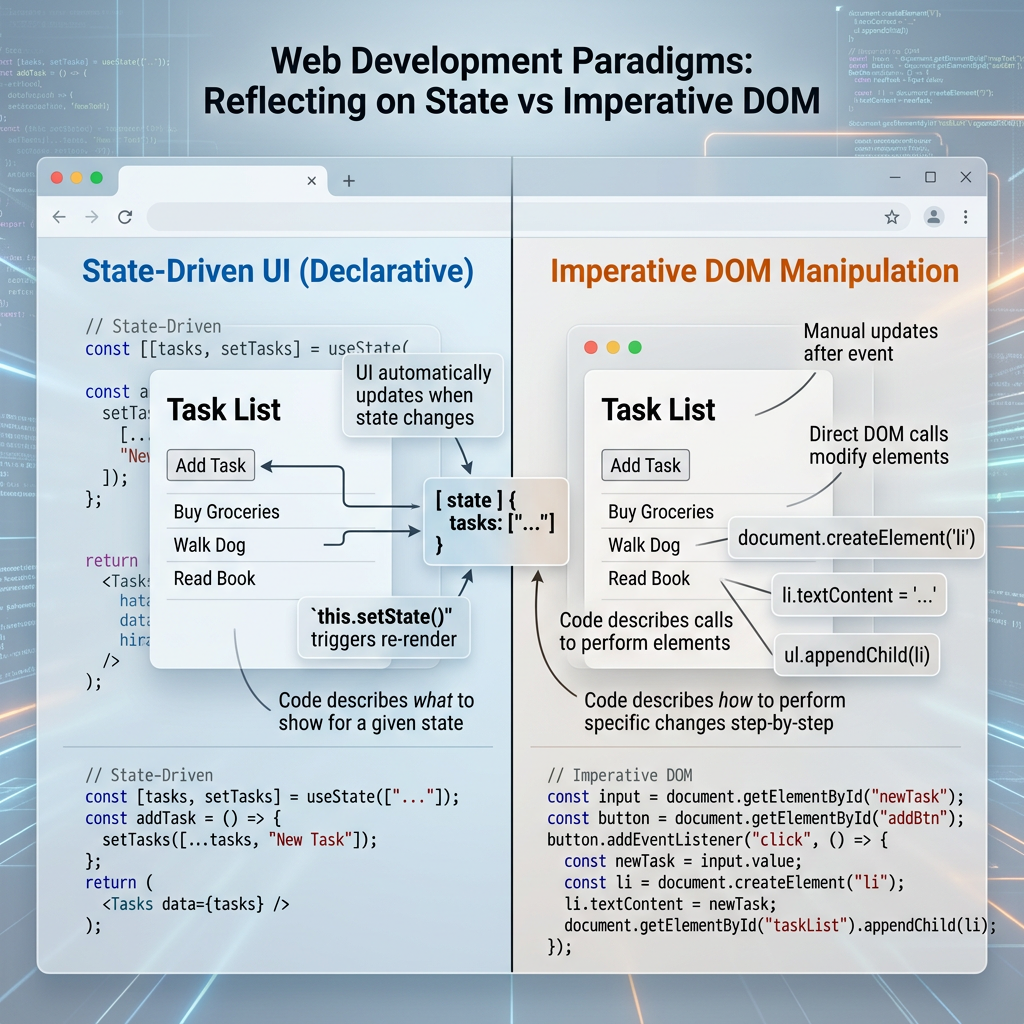 Comparison of state-driven UI and imperative DOM manipulation for task lists in web development