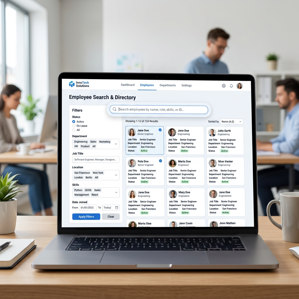 Laptop screen showing employee search and directory with filters for status, department, job title, location, skills, and date joined.