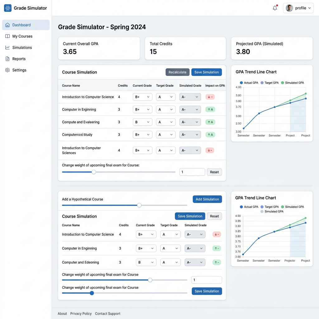 Dashboard showing current GPA 3.65, credits 15, projected GPA 3.80, with course grade simulations and GPA trend charts.