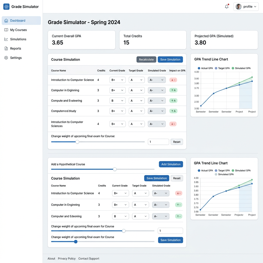 Dashboard showing current GPA 3.65, credits 15, projected GPA 3.80, with course grade simulations and GPA trend charts.