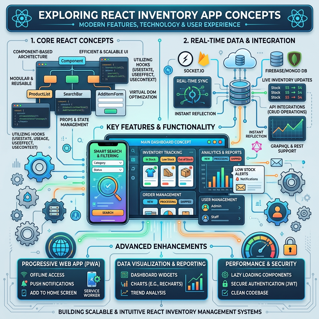 Diagram showing React core concepts, real-time data integration, and advanced features for inventory app
