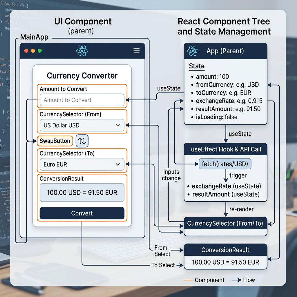 Diagram showing React currency converter component structure with state and data flow between UI and API calls