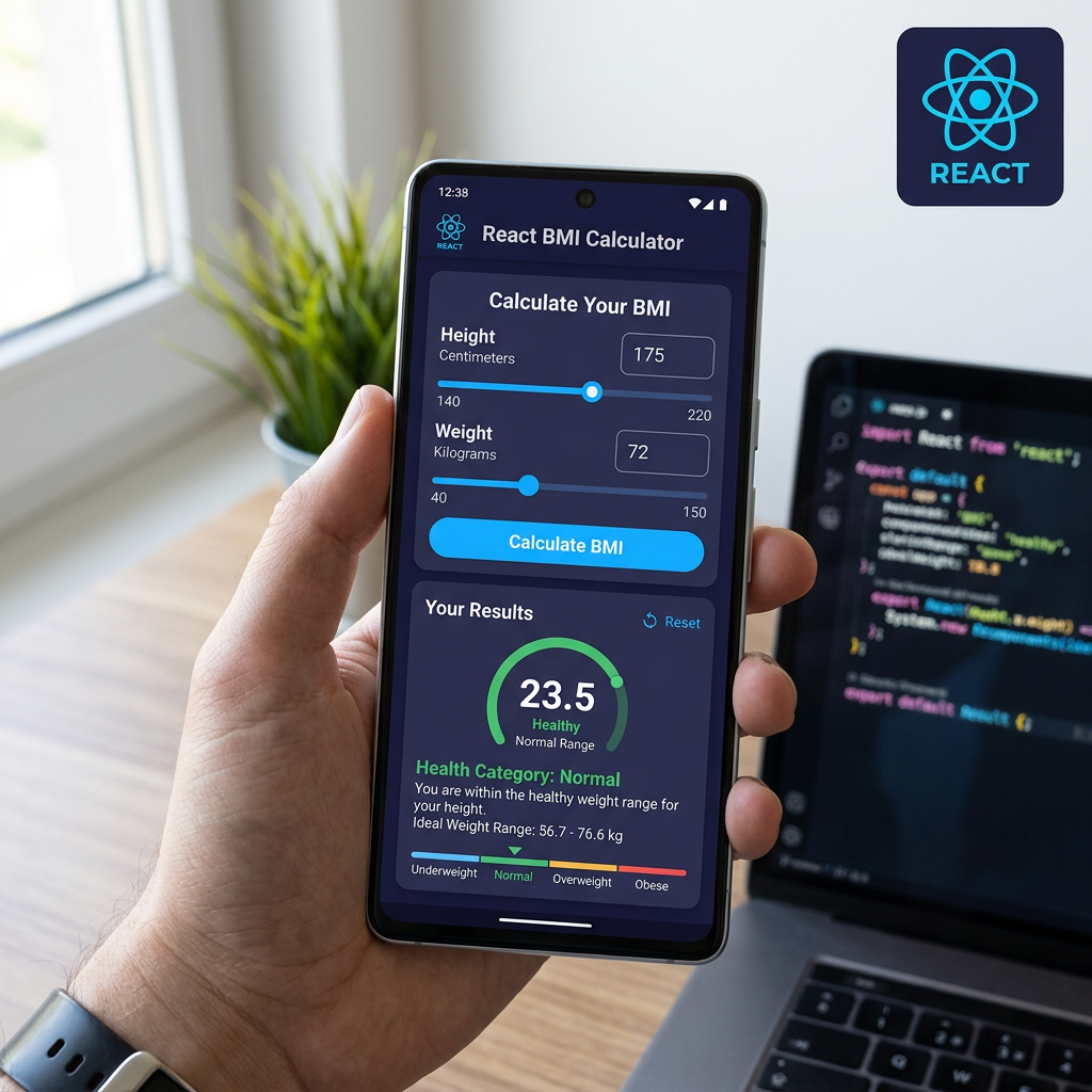Mobile phone displaying a React BMI calculator app with height and weight input sliders and BMI result of 23.5 indicating healthy range