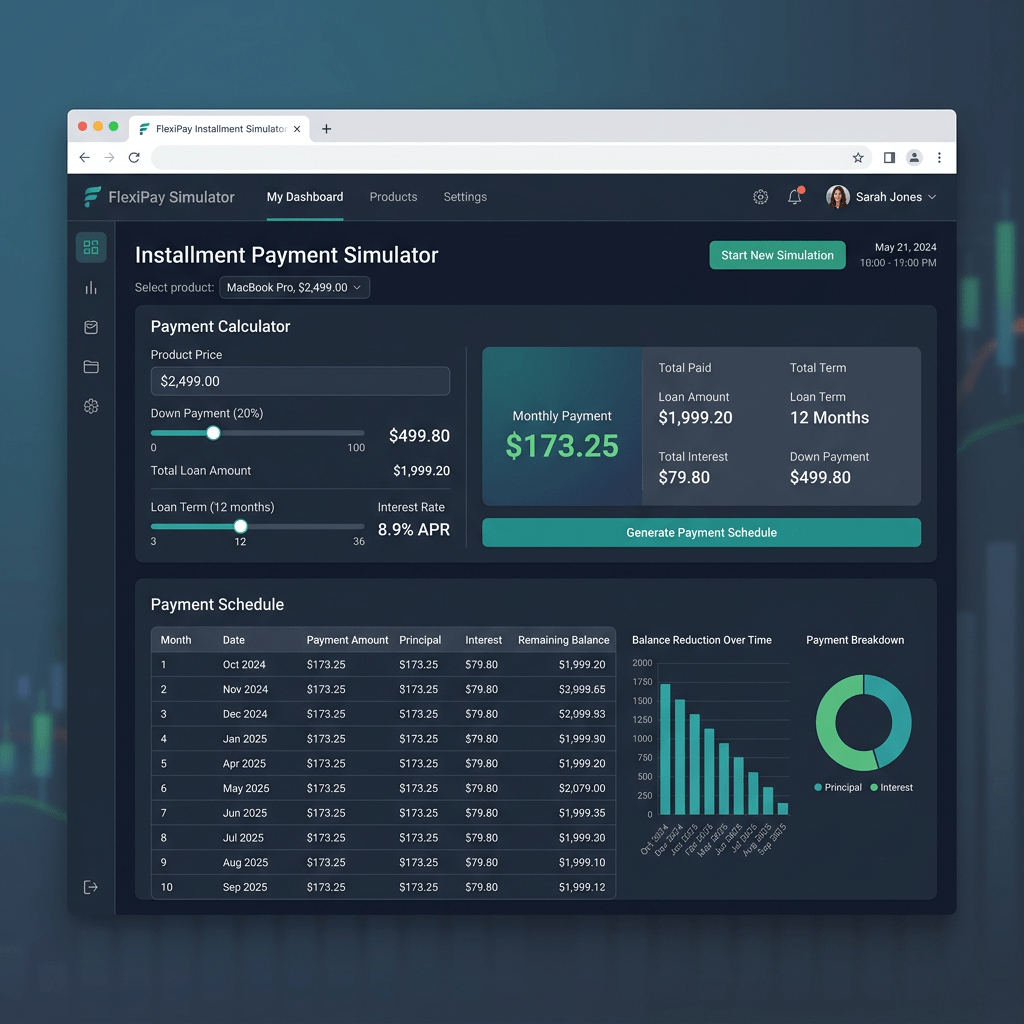 Installment payment simulator interface showing product price, down payment, loan term, interest rate, monthly payment, and payment schedule
