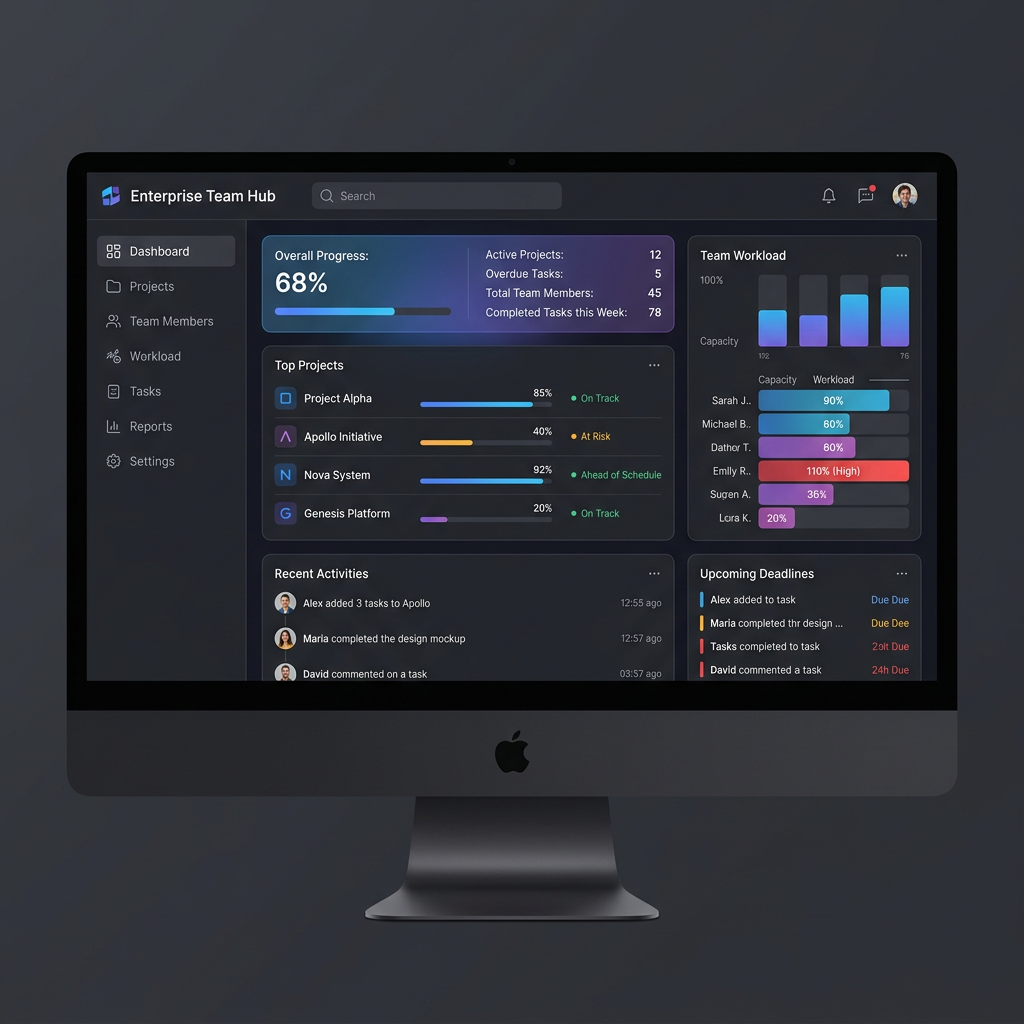Enterprise team project management dashboard with project status, team workload, and recent activities