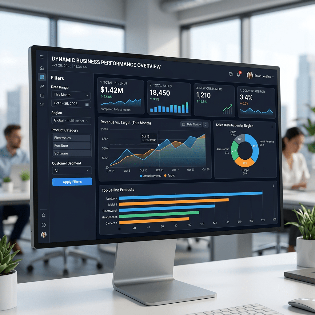 Business performance dashboard showing revenue, sales, new customers, conversion rate, sales distribution, and top selling products
