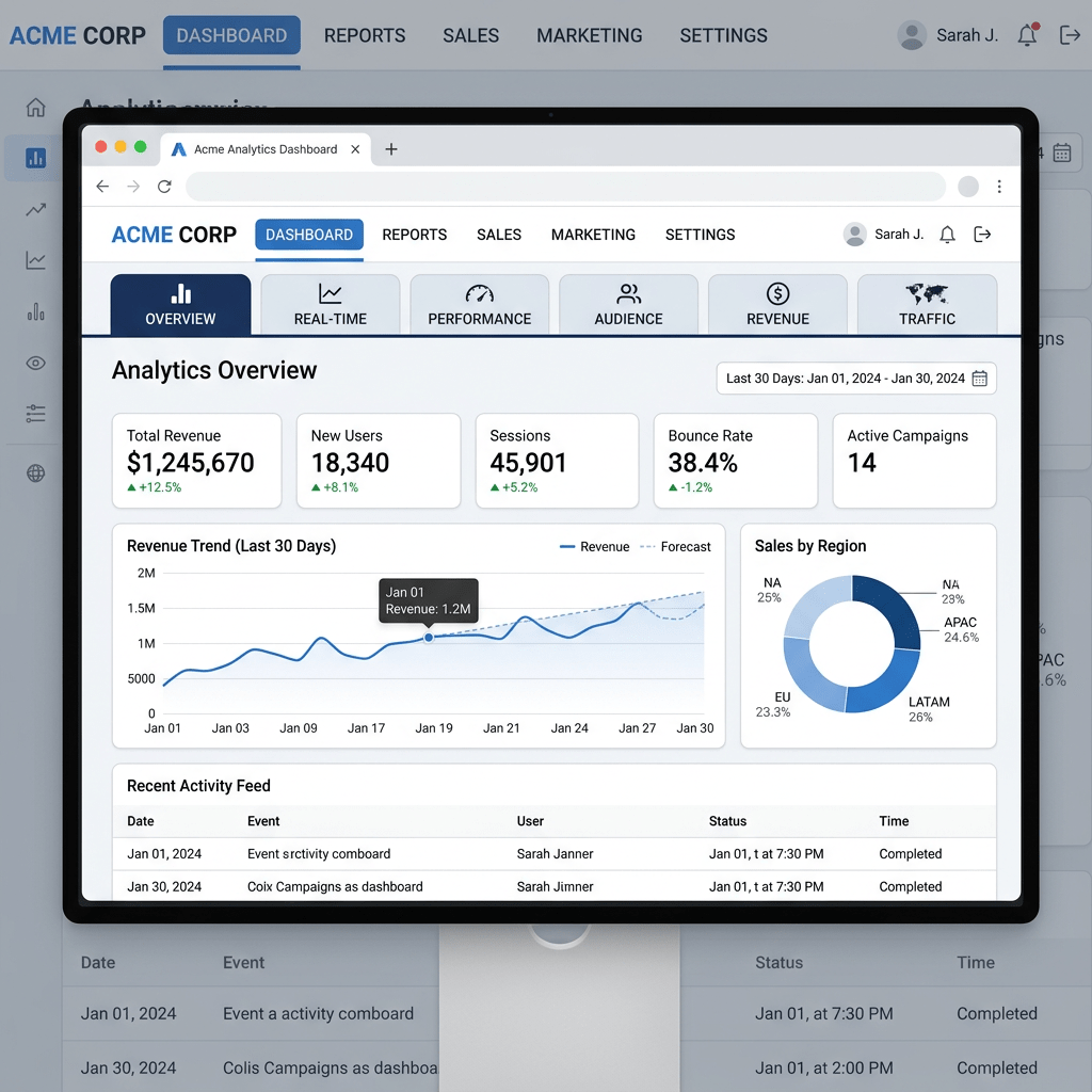 Analytics dashboard showing total revenue, new users, sessions, bounce rate, active campaigns, revenue trend chart, sales by region pie chart, and recent activity feed