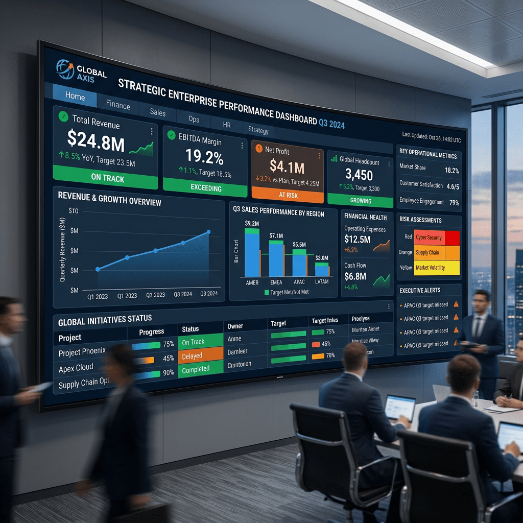 Strategic enterprise performance dashboard showing revenue, EBITDA margin, net profit, headcount, sales by region, financial health, and risk assessments