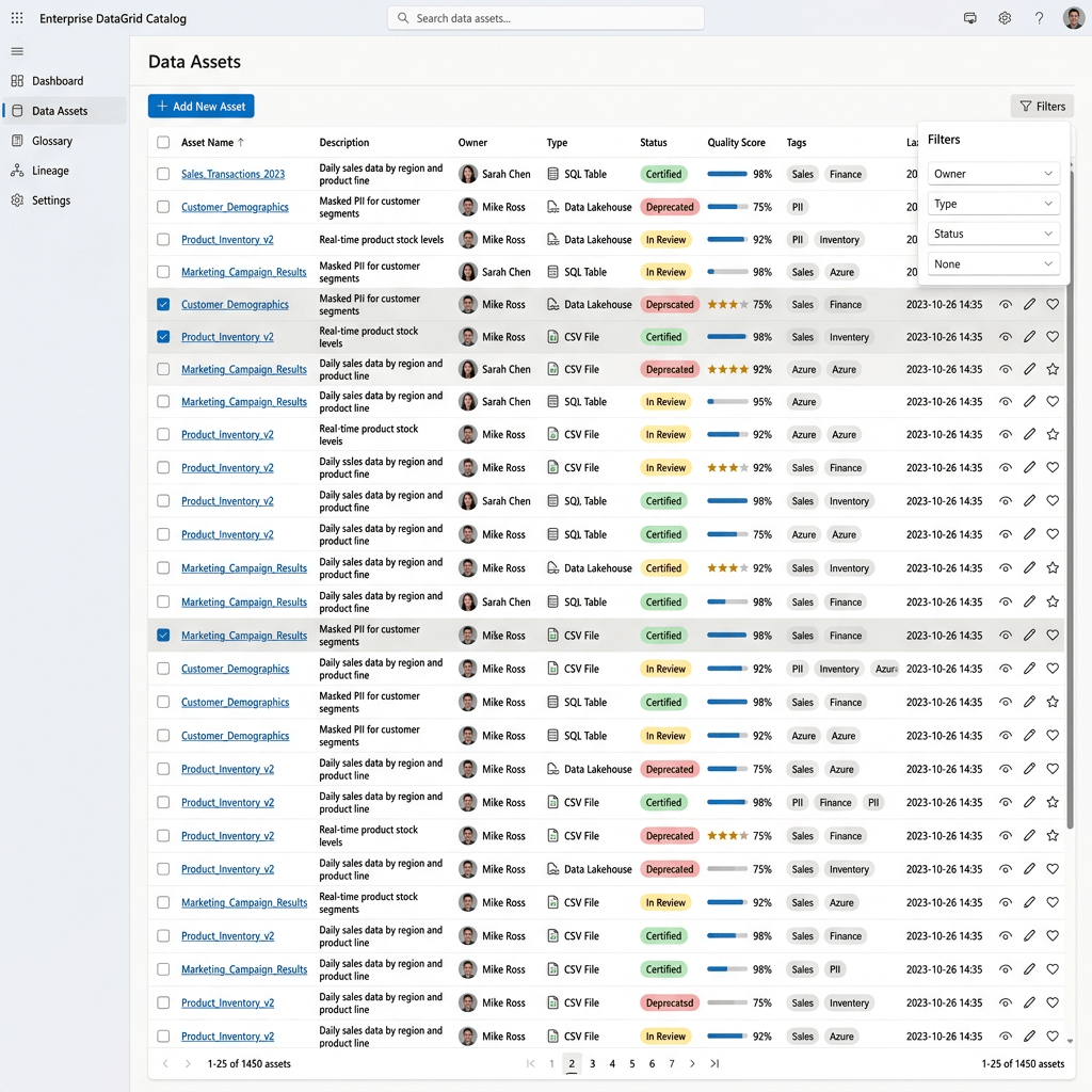 Enterprise data asset catalog showing dataset names, descriptions, owners, types, statuses, and quality scores