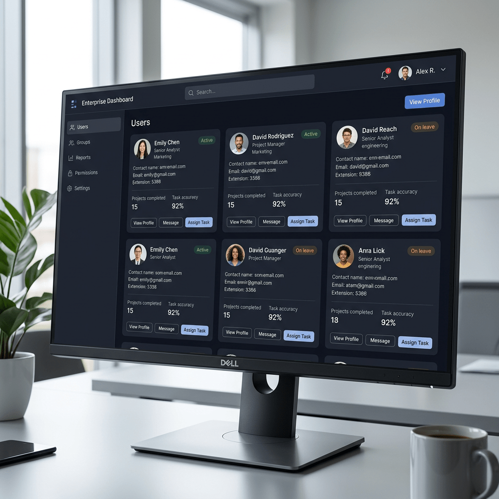 Enterprise dashboard showing user profiles with contact info, status, projects completed, and task accuracy