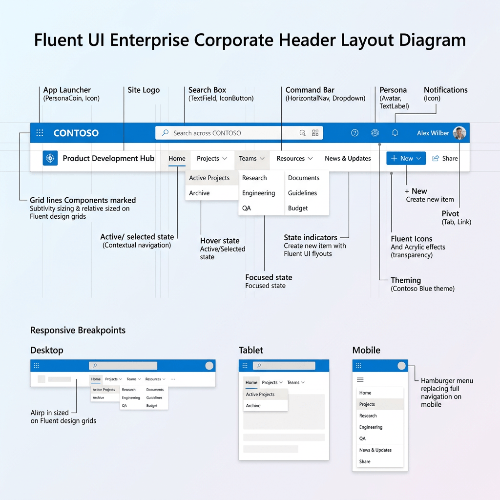 Fluent UI Enterprise corporate header layout diagram with detailed annotations and responsive design views for desktop, tablet, and mobile.