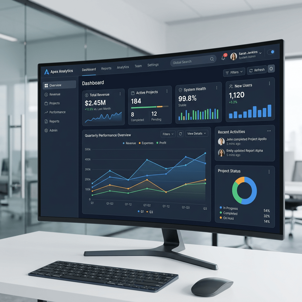 Dashboard showing total revenue, active projects, system health, new users, performance graphs, recent activities, and project status