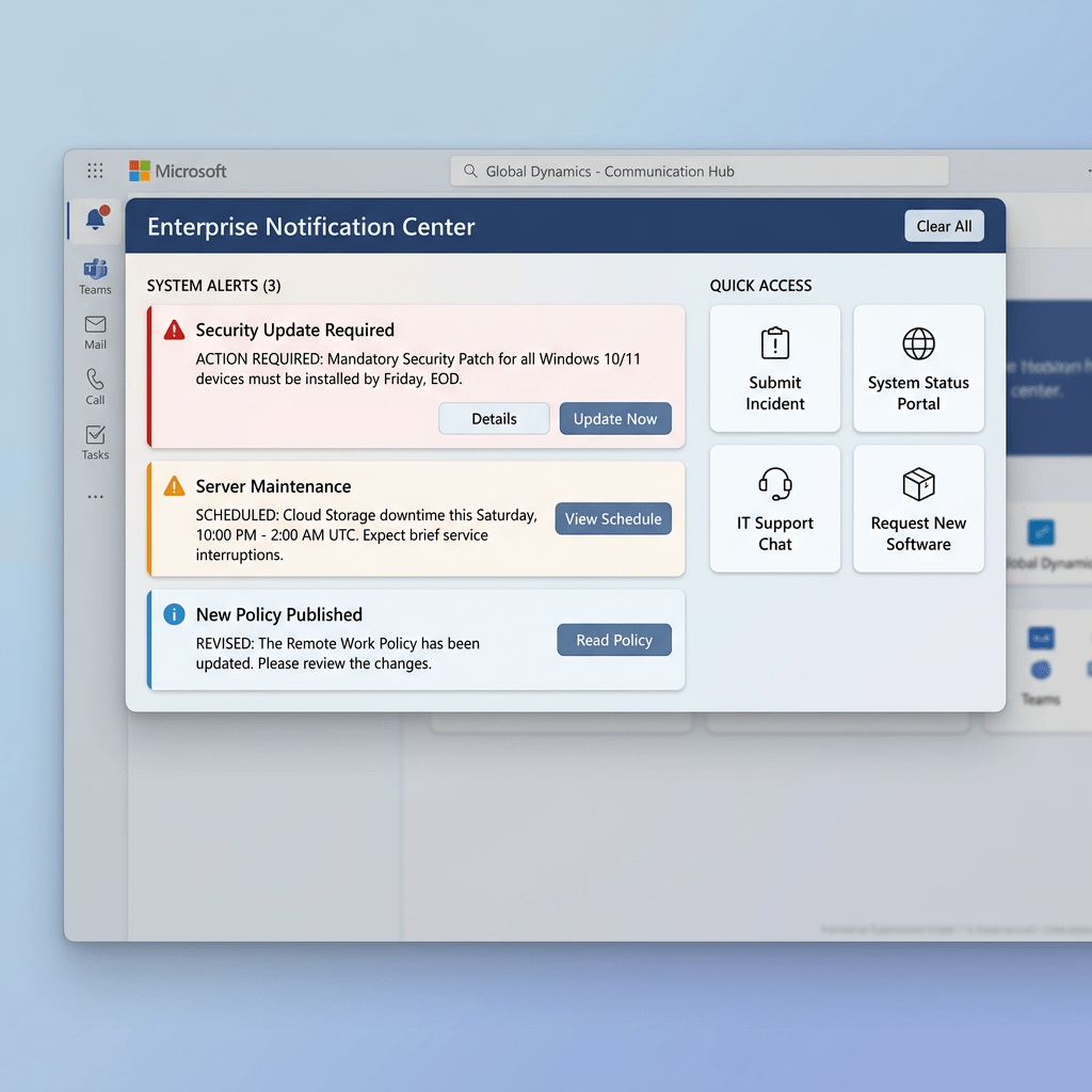 Enterprise Notification Center with security update, server maintenance, new policy alerts, and quick access buttons