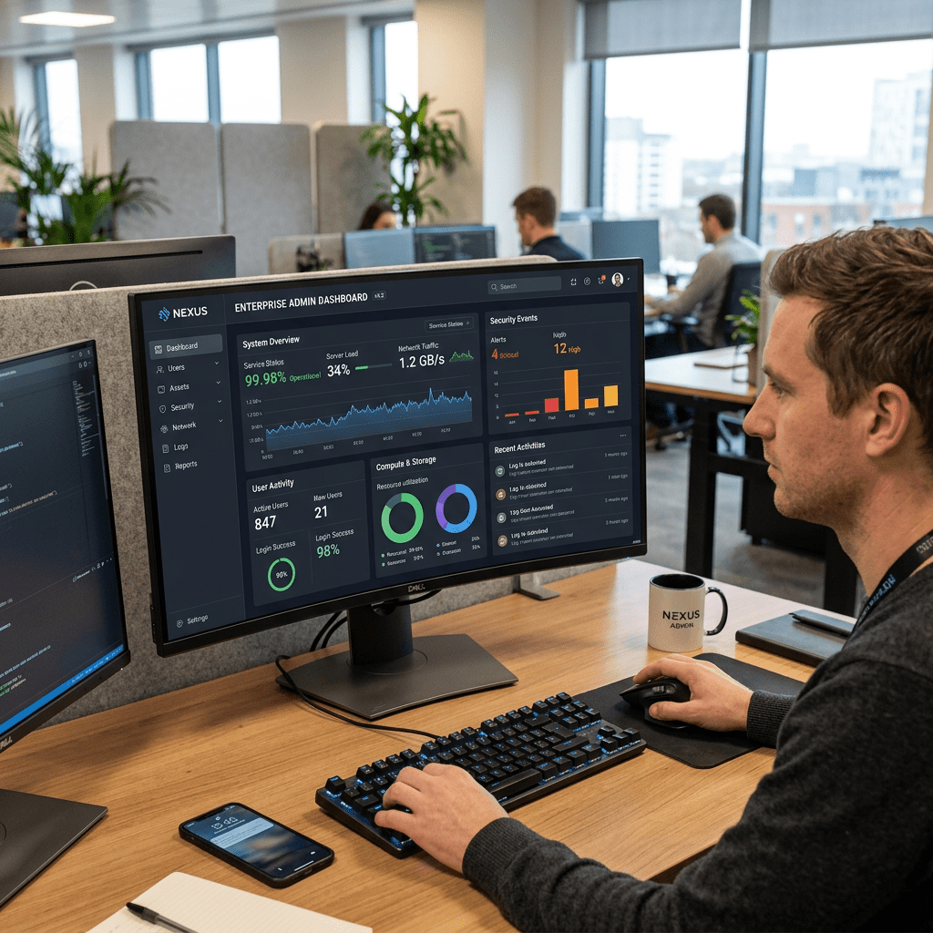 Person using computer displaying enterprise admin dashboard with system overview and security events