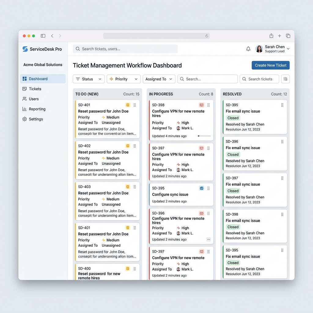 Ticket Management Workflow Dashboard with To Do, In Progress, and Resolved columns
