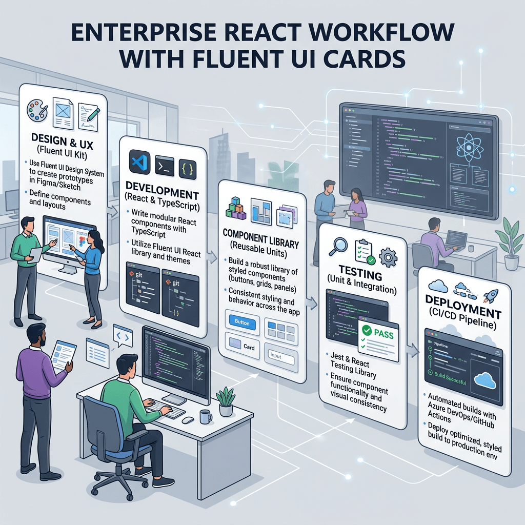 Five stages of enterprise React workflow with Fluent UI cards: Design & UX, Development, Component Library, Testing, Deployment.