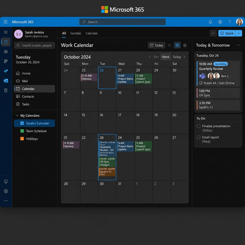 Microsoft 365 calendar interface displaying Sarah Jenkins' scheduled meetings on October 26, 2024, with tasks and events list