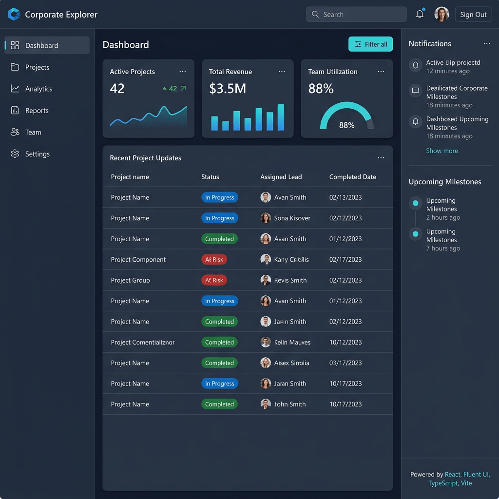 Dashboard showing active projects count, total revenue, team utilization percentage, recent project updates with status, assigned leads, and completion dates