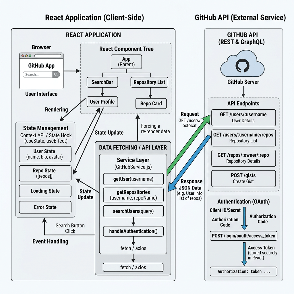 Flowchart showing React app components, state management, API calls, and GitHub API endpoints