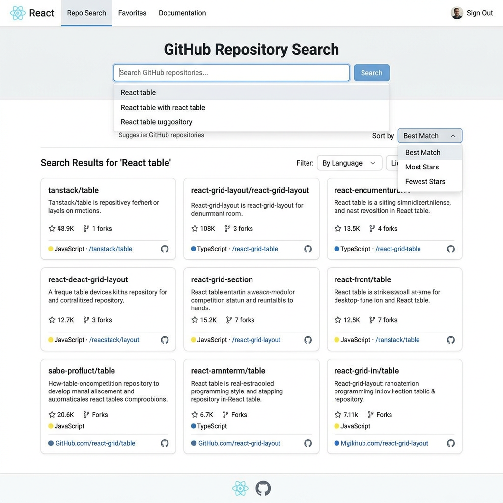 GitHub search interface displaying React table repositories with stats and sorting options